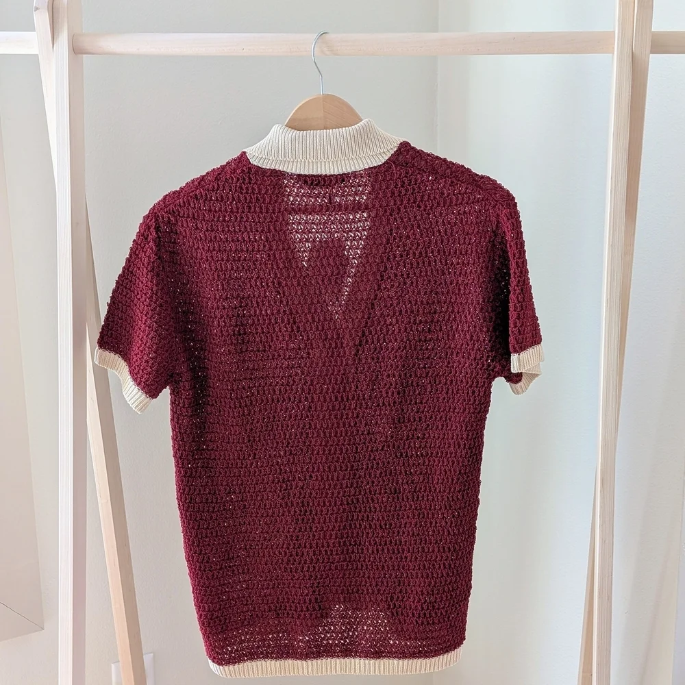 NWT Zara Open Knit Button Front Collared Polo Cardigan In Burgundy/Cream - S/M